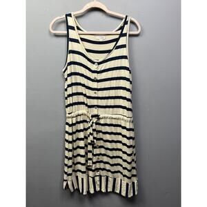 Maison Jules Womens medium Tan Blue Stripes Sleeveless Knee Length‎ Dress button
